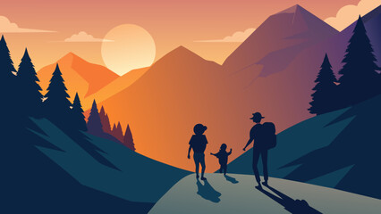 Wall Mural - Family Hike at Sunset in Mountainous Landscape
