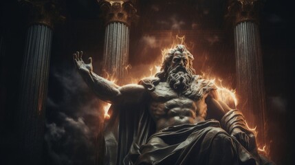 Grand Zeus statue in temple lightning symbolizing divine power