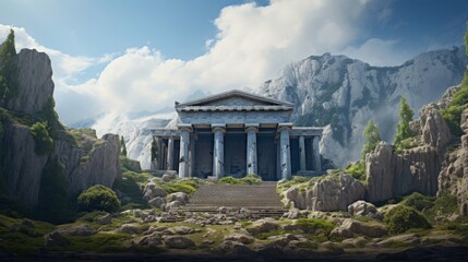 Secluded mountain temple to Zeus with towering columns and offerings