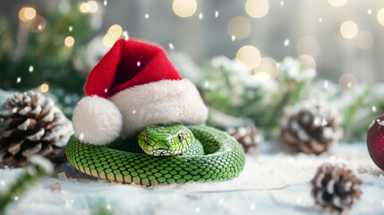 Wall Mural - Green snake in a Santa Claus hat on a light New Year's background with pine cones and snow. Congratulations for Christmas and New Year.