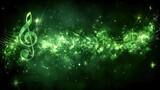 Fototapeta  -   Green music note with stars and sparkles on black background with green glow and sparkles in background