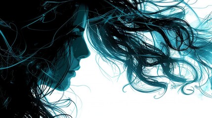 Wall Mural -   A woman's face close-up, with her hair blowing in the wind against a white background