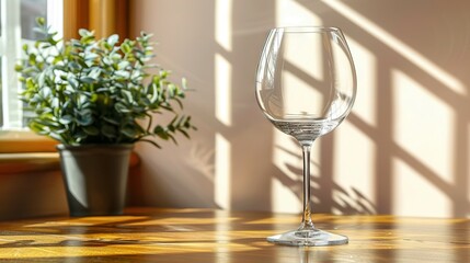 Wall Mural -   A wine glass sits atop a table before a window, with a potted plant positioned in front