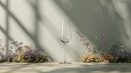 Wall Mural -   A wine glass perched atop a table, casting shadows of flora onto the wall