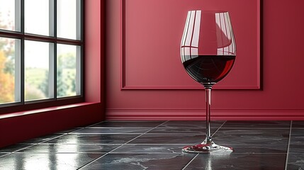 Wall Mural -   A glass of red wine sits on a tile floor next to a window sill