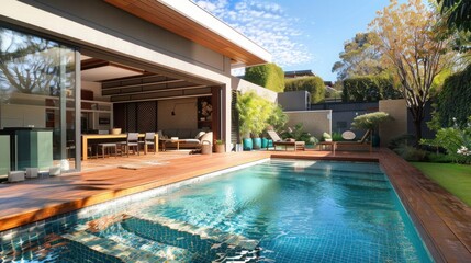 swimming pool and decking in garden of luxury home