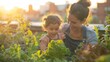 Mother and daughter on green rooftop garden, showcasing sustainable urban agriculture. Commitment to sustainable living and nurturing plant life within an eco-conscious lifestyle. Generative ai.