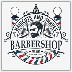 Wall Mural - Barbershop logo, poster or banner design concept with barber pole and bearded men. Vector illustration