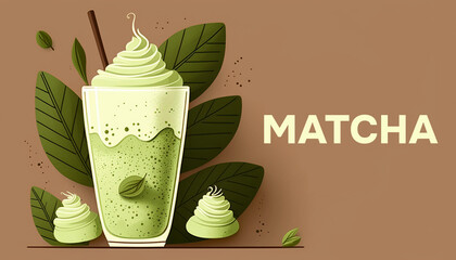 Sticker - Instant matcha latte with flying tea leaves and green wave pattern background, with Japanese kanji words matcha and rich flavor	