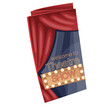 Advertising booklet with cartoon text Welcome to theatre show. Retro paper leaflet with performance program, light bulbs frame and theatre red curtain, cartoon folded brochure vector illustration