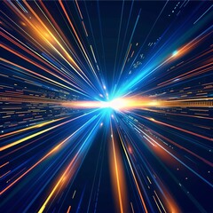 Wall Mural - Abstract background of blue and orange light rays with a digital data stream in the center. The background shows streaks and lines moving fast in the style of digital technology