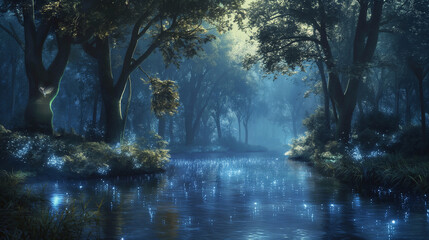 Wall Mural - Enchanted forest with bioluminescent plants and magical fauna, a serene river glowing under moonlight, ethereal beings flitting between ancient trees, atmospheric. fantasy concept.