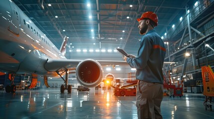 Poster - Innovative engineer managing aircraft assembly in hangar using digital tablet. copy space for text.