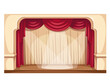 Theater stage with open red curtain, cartoon scene drape backdrop. Concert, grand show opening, movie or cinema premiere backstage, cartoon spotlight circle on empty wooden stage vector illustration