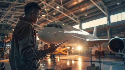 Poster - Innovative engineer managing aircraft assembly in hangar using digital tablet. copy space for text.