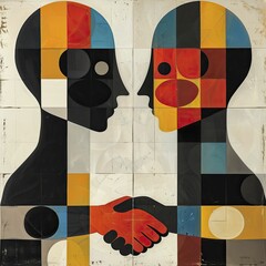 Poster - Modernist Corporate Poster Featuring Abstract Figures with Split Faces in a Handshake