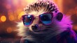 Hedgehog with colorful neon retrowave background.