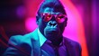 Gorilla with colorful neon retrowave background.