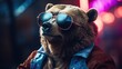 Bear with colorful neon retrowave background.