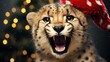 Christmas holidays concept. Cute cheetah in Santa red hat.