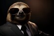 Funny sloth with sunglasses in a suit on a black background.