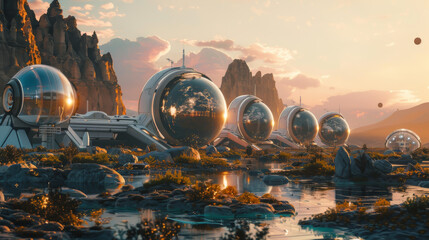 Wall Mural - A futuristic city with many domes and a large body of water