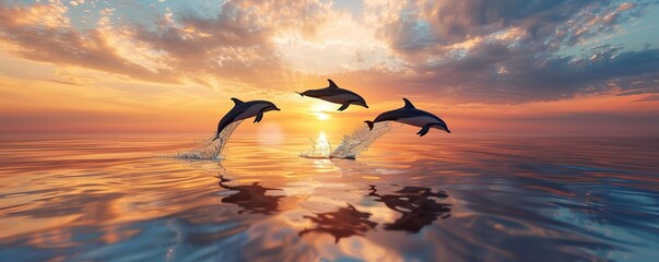 Wall Mural - summer background with dolphins jumping out of the water