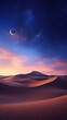 Sand dunes under moon and star filled sky with clouds, night dramatic desert landscape