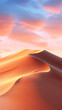 Sand dunes under sunset or sunrise glowing sky with clouds, dramatic desert landscape