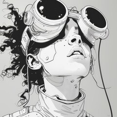 Black and white portrait of a young woman wearing steampunk goggles.