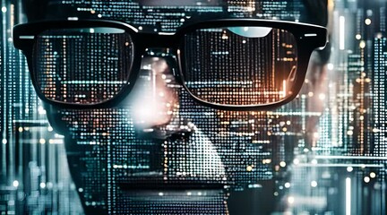 Wall Mural - code insight: close-up eye with eyeglasses overlay and coding screen, immersive programming and codi