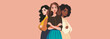 Vector horizontal flat banner, space for text, young women of different nationalities, skin color, culture standing together. Vector concept of movement for gender equality and women's empowerment