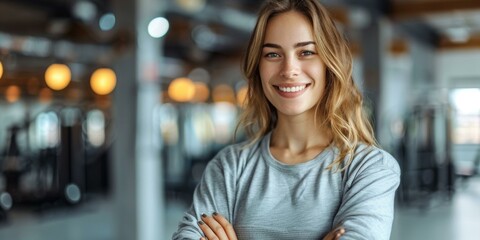 Gorgeous young woman smiling confidently in gym, casual gray top, celebrating fitness motivations and healthy lifestyle themes. Copy space.