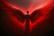 Create an imaginative narrative describing the formation of wings emerging from the abstract red light particles, evoking a sense of transformation, freedom, and ethereal beauty against the dark