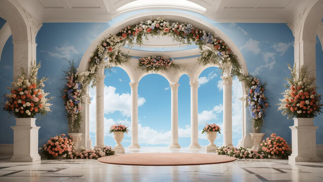 outdoor wedding venue. There is a white marble structure with a curved top, supported by two columns on each side. 