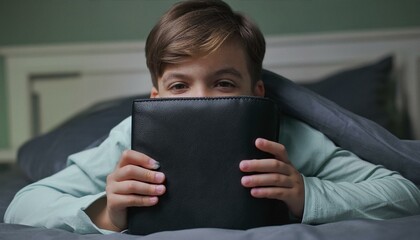 Wall Mural - The child reads the Bible in the bed before going to sleep.