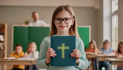 Wall Mural - Child Show Happy The Bible At School. Child Hold The Book. 
