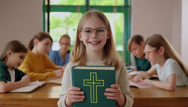 Child Show Happy The Bible At School. Child Hold The Book. 