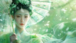 Beautiful chinese girl with lacey parasol in dreamlike floral ambiance, ethereal and serene, copy space