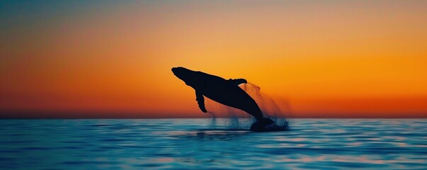 Wall Mural - summer background of the sun setting over a body of water, with an orange sky in the background and a black fin visible in the foreground