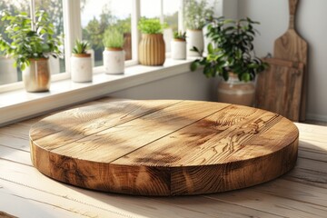 Poster - Empty round wood tabletop counter on interior in clean and bright kitchen background