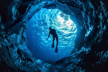 Silhouette of diver inside the cave in deep blue sea.