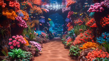 Sticker - A colorful underwater scene with a path of flowers and rocks