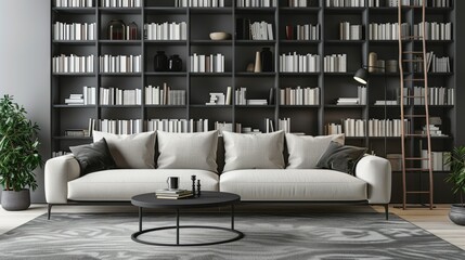 Wall Mural - 3D rendering of stylish lounge area with comfortable sofa and bookshelves