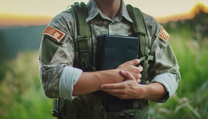 Wall Mural - A Soldier Hold Bible. Soldier Read Book. 