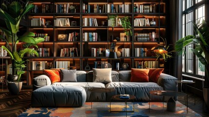 Wall Mural - 3D rendering of stylish lounge area with comfortable sofa and bookshelves