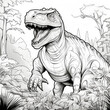 Coloring page, dinosaur in the forest doodle style