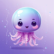 Illustration of cute kawaii jellyfish on purple background. Baby character. Adored sea animal, positive emotions