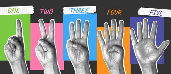 Hands counting on fingers. Hand number gestures, collage art. Grunge halftone bending finger show numbers. Five wrists with different sign for web design and vector concept