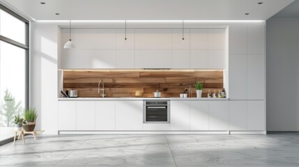 Wall Mural - 3d rendering white minimal kitchen with wood decoration